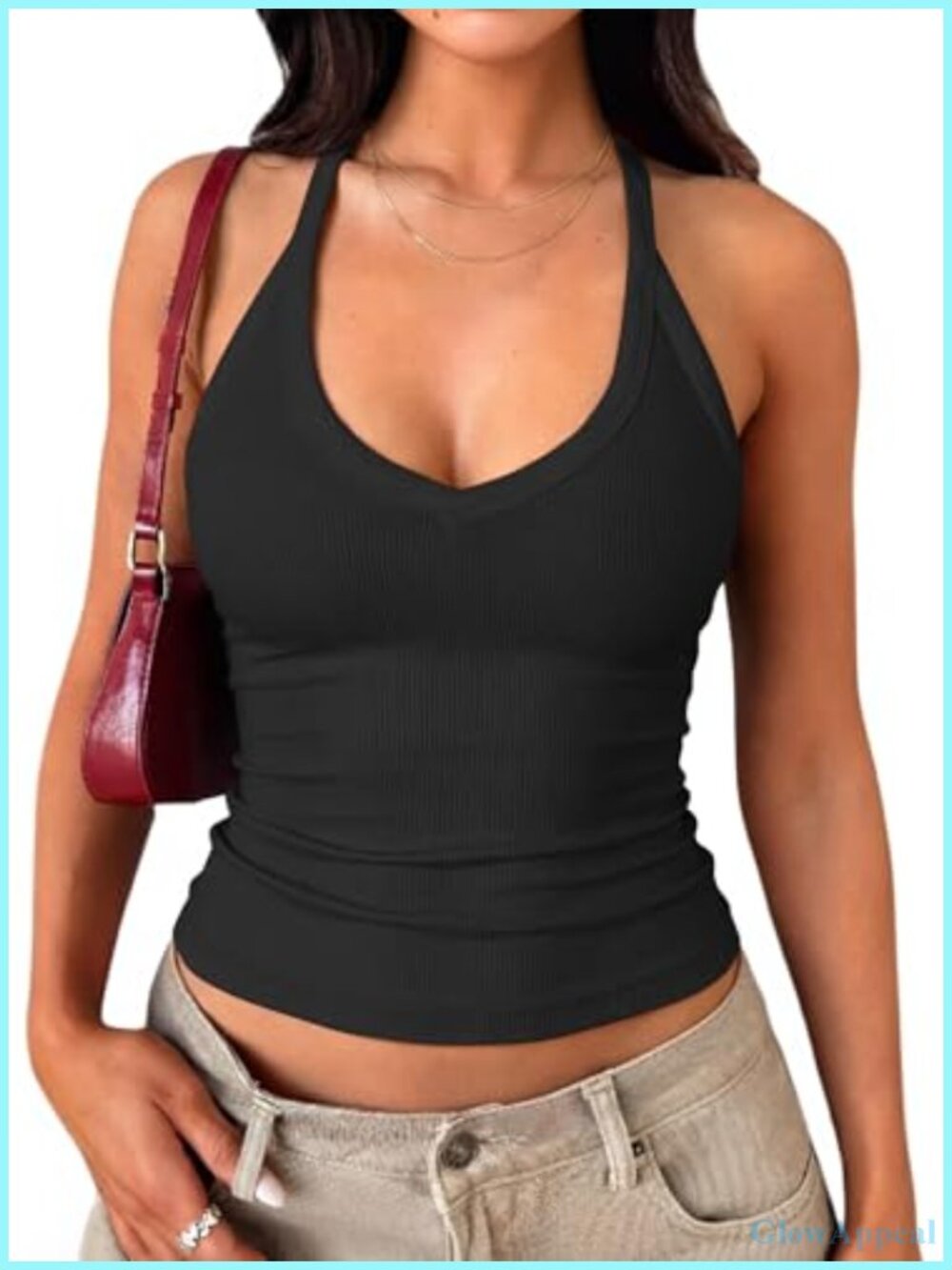Built-in Bra Tank Top Racerback V Neck Cotton Ribbed Sleeveless